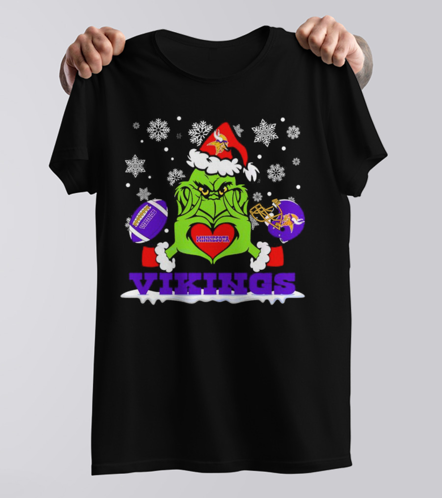 Santa Grinch Heart Minnesota Vikings Snowflakes Christmas Football Helmets T-Shirt