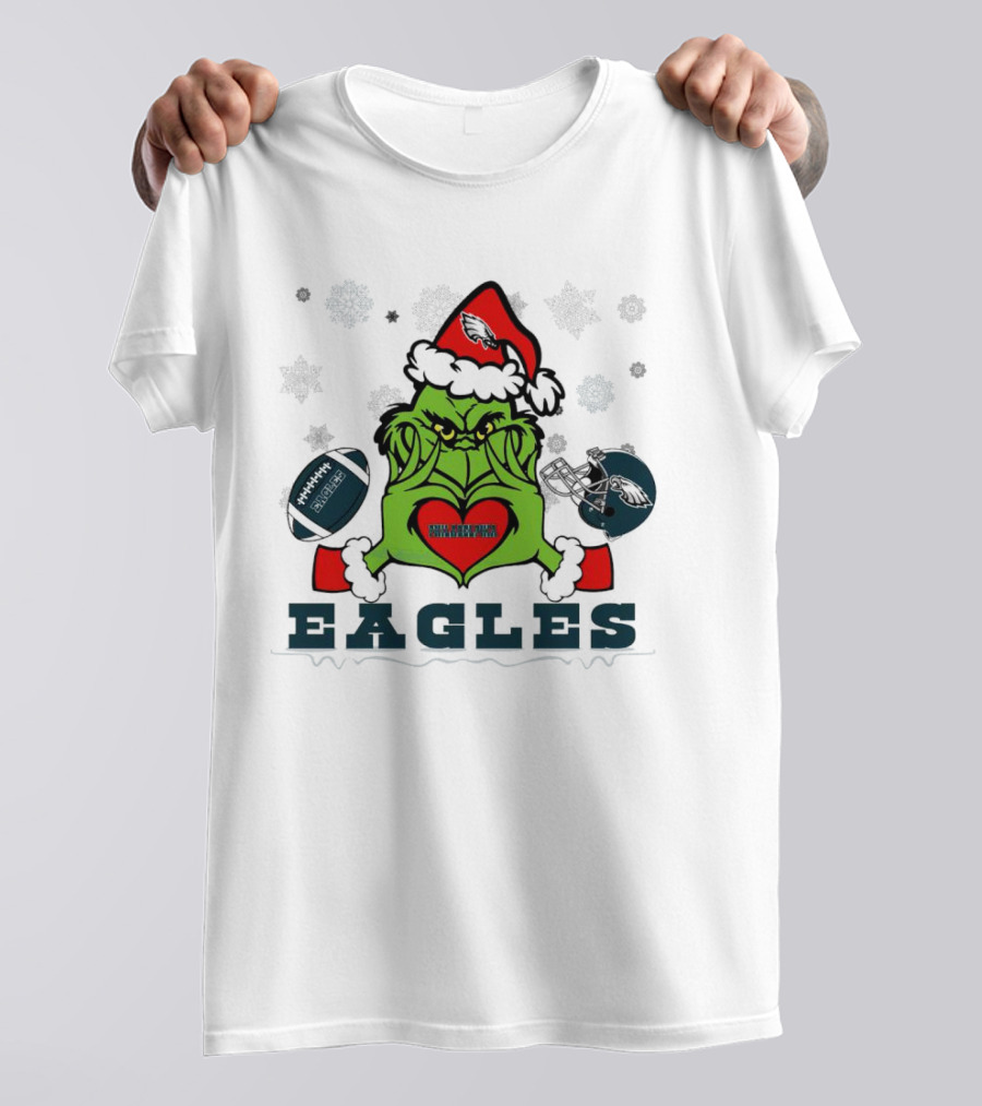 Grinch Santa Heart Philadelphia Eagles Christmas Football Helmet T-Shirt