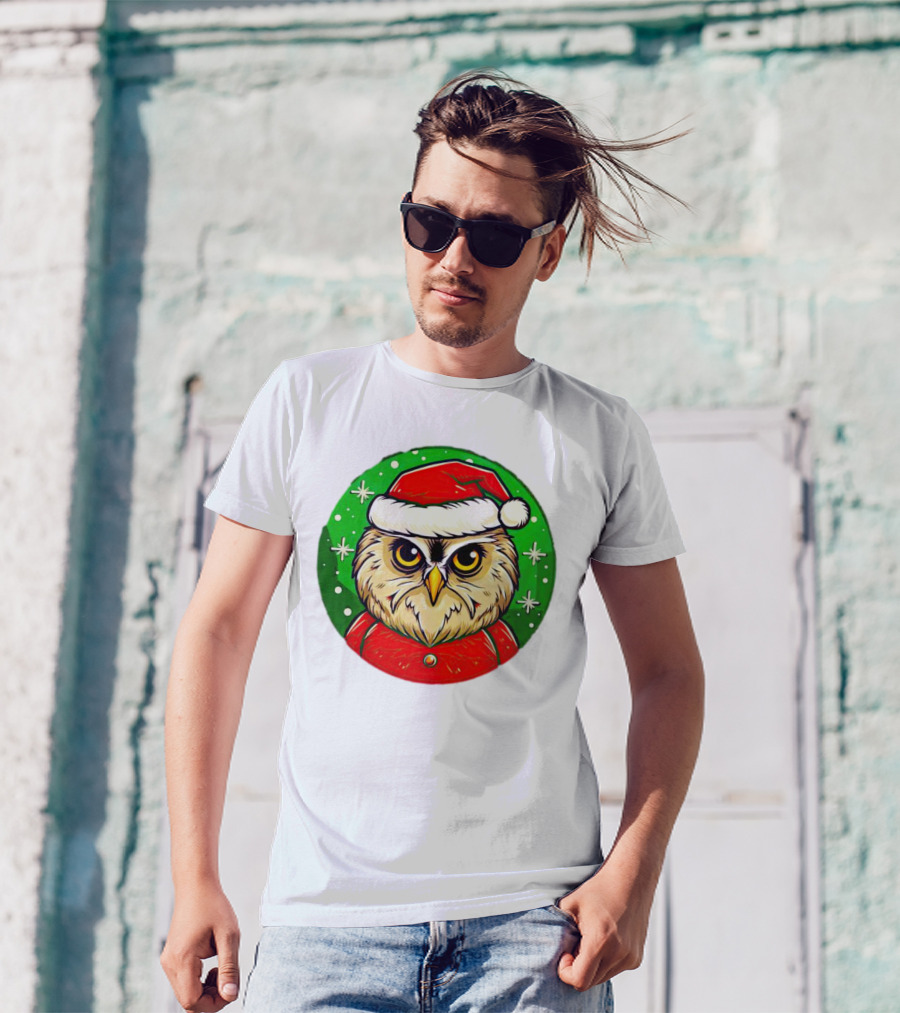 Santa Owl Cartoon Christmas Green Santa Hat Snowflakes T-Shirt