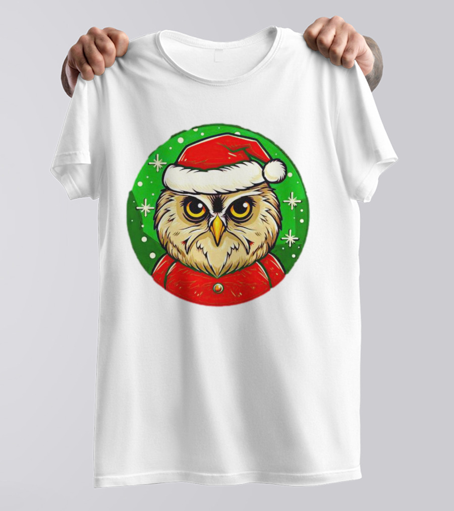 Santa Owl Cartoon Christmas Green Santa Hat Snowflakes T-Shirt