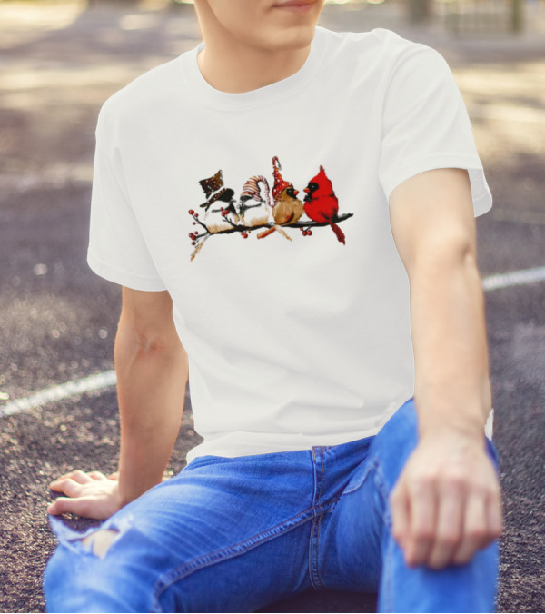 Cardinals And Chickadees On Festive Branch Merry Christmas T-Shirt