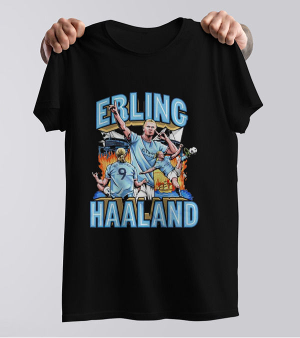Erling Haaland MCFC Soccer Collage With Fiery Stadium Background T-Shirt