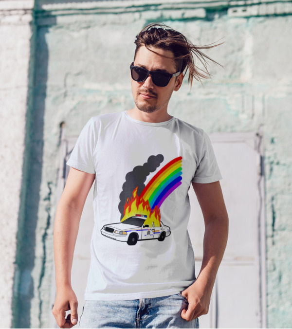 Police Car On Fire With Rainbow Flames T-Shirt