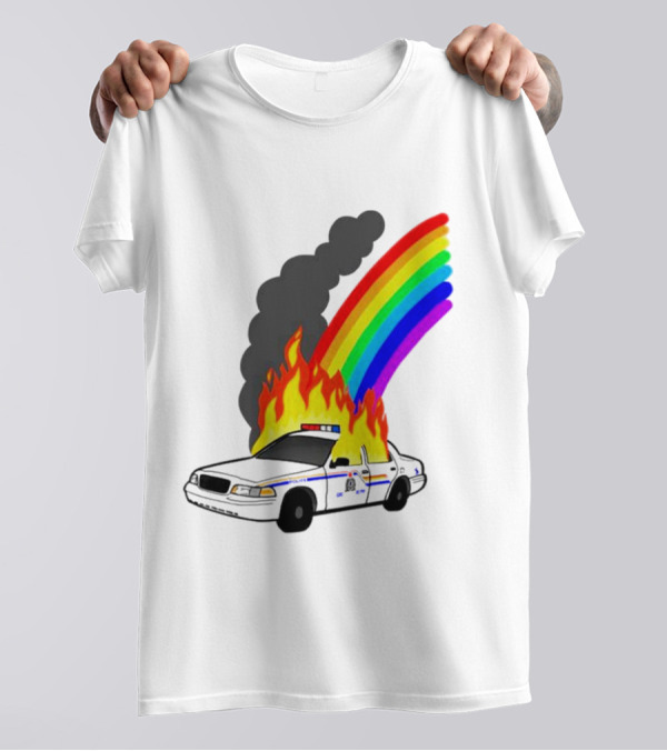 Police Car On Fire With Rainbow Flames T-Shirt