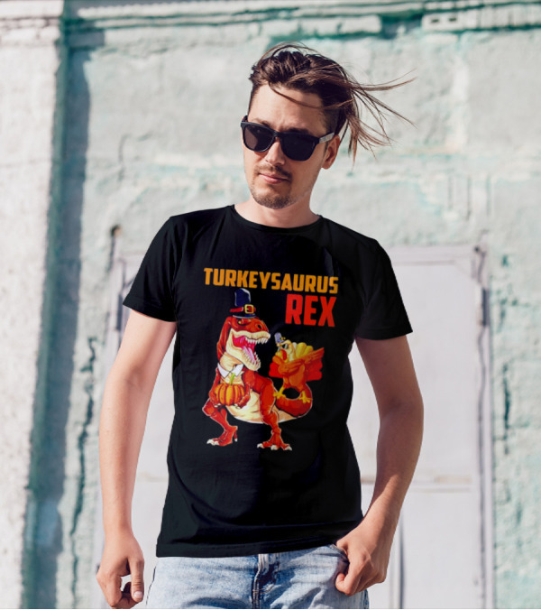 Turkeysaurus Rex Thanksgiving Dinosaur Holding Pumpkin And Turkey With Pilgrim Hat T-Shirt