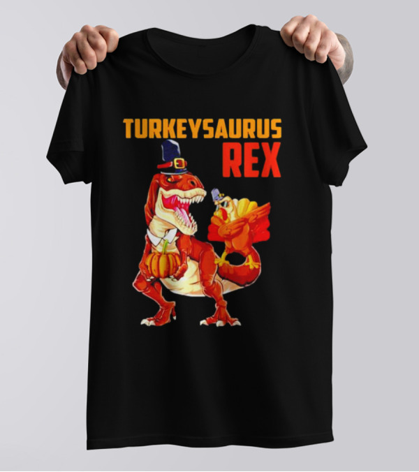 Turkeysaurus Rex Thanksgiving Dinosaur Holding Pumpkin And Turkey With Pilgrim Hat T-Shirt