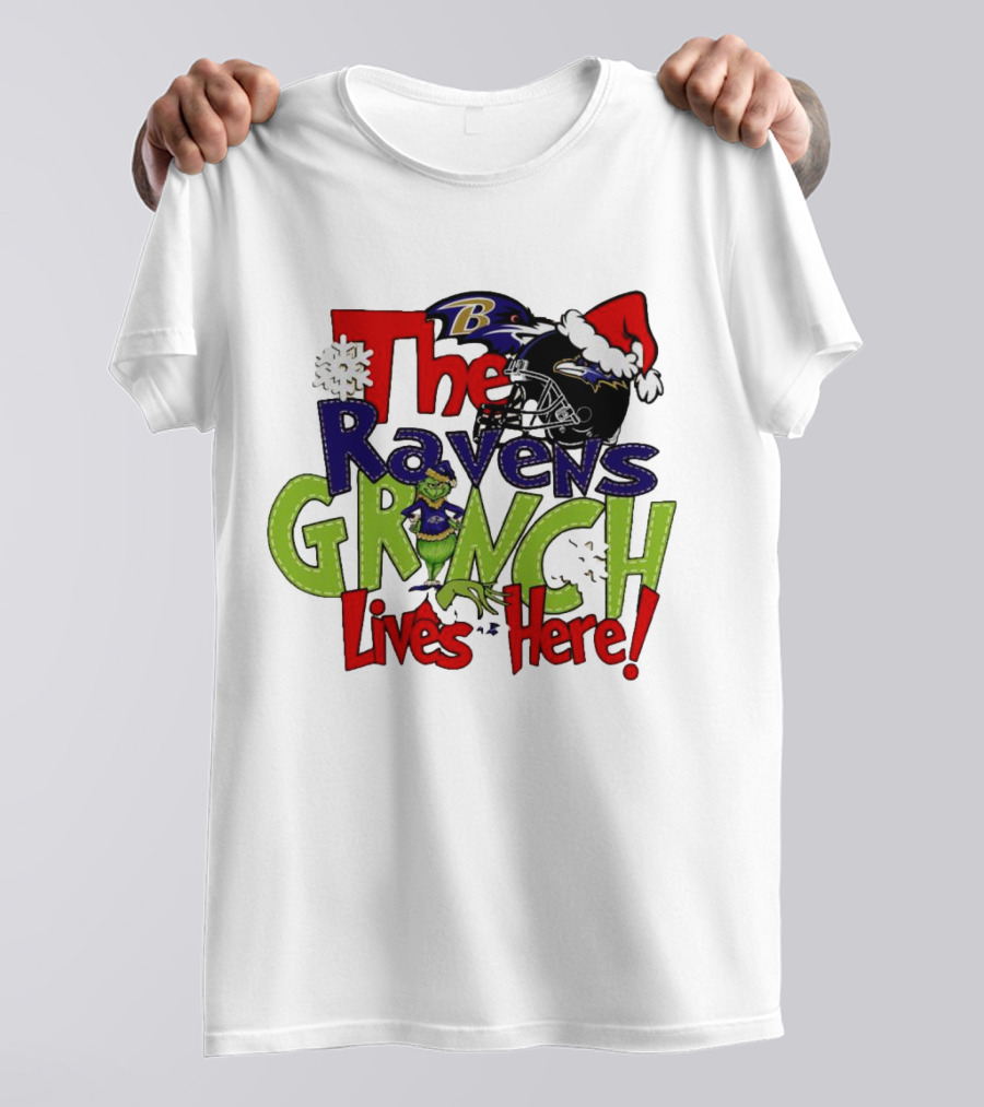 The Ravens Grinch Lives Here Christmas Ravens Logo Santa Hat T-Shirt