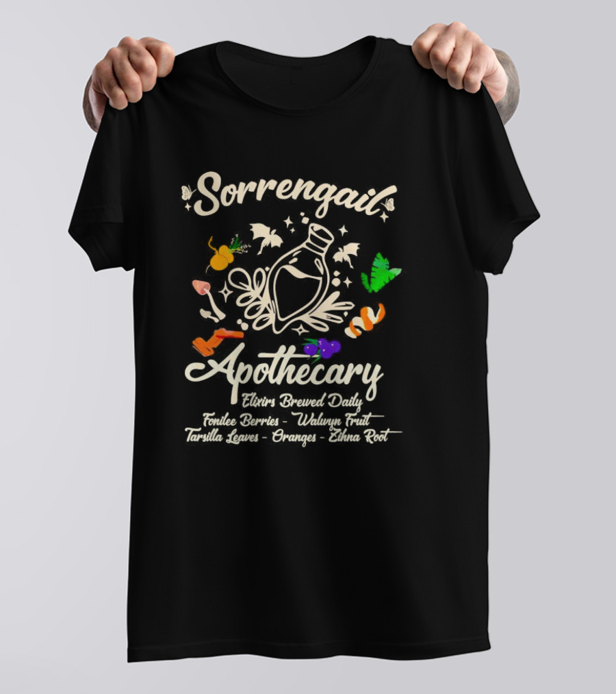 Sorrengail Apothecary Elixirs Brewed Daily Fonilee Berries Waluyn Fruit Tarsilla Leaves Oranges Zihna Root T-Shirt