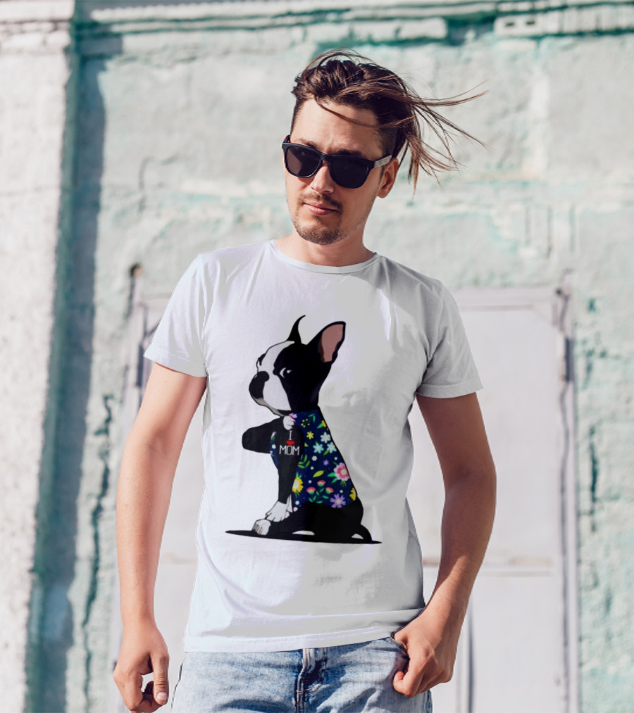 Boston Terrier I Love Mom Flower Tattoos T-Shirt