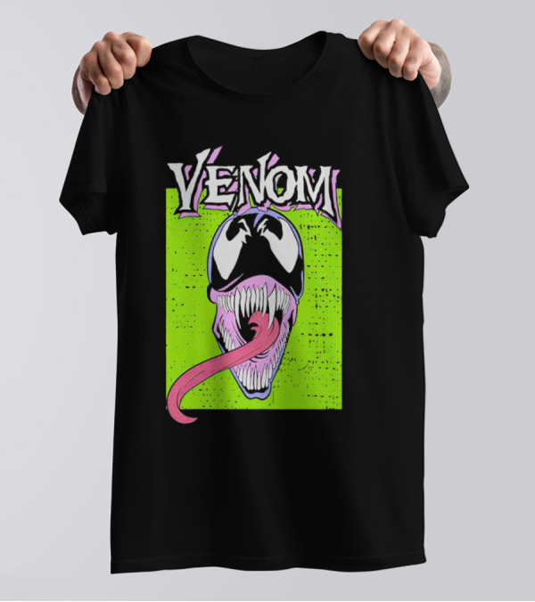 Venom Marvel Neon Pink Tongue Green Background T-Shirt