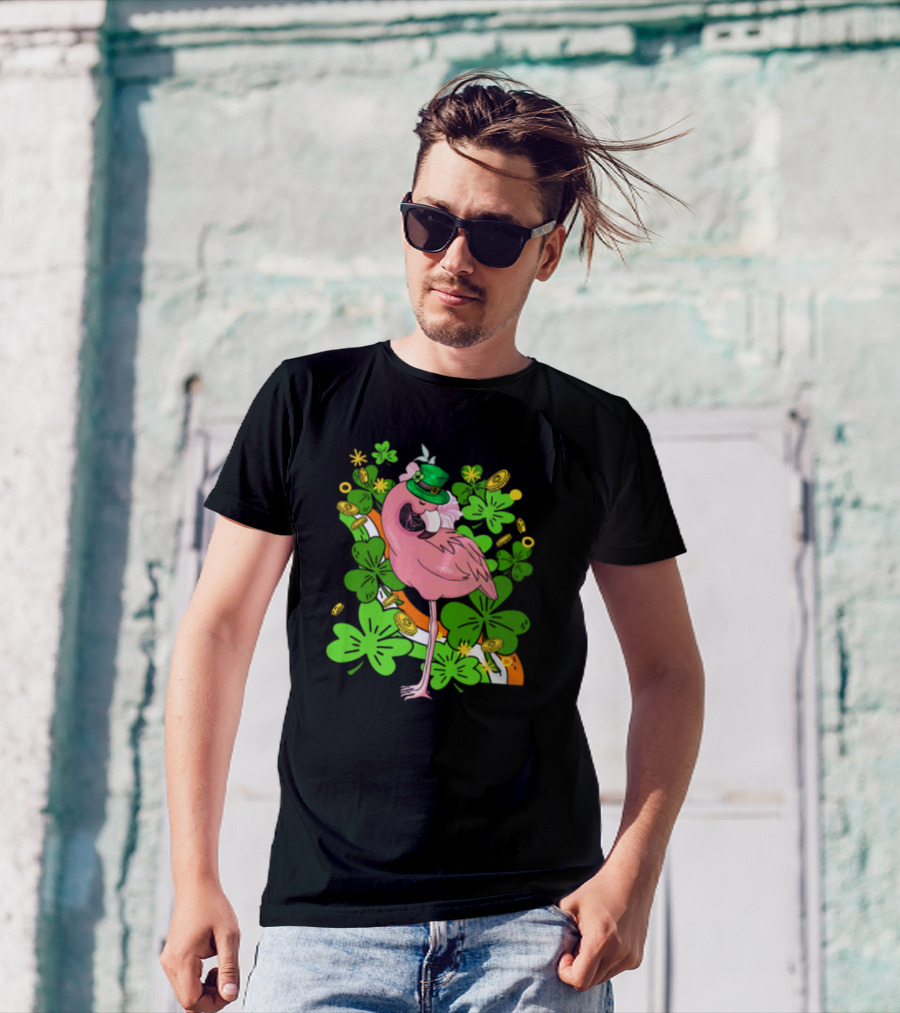 Flamingo St Patricks Day Pink Bird Shamrocks And Leprechaun Hat With Gold Coins T-Shirt