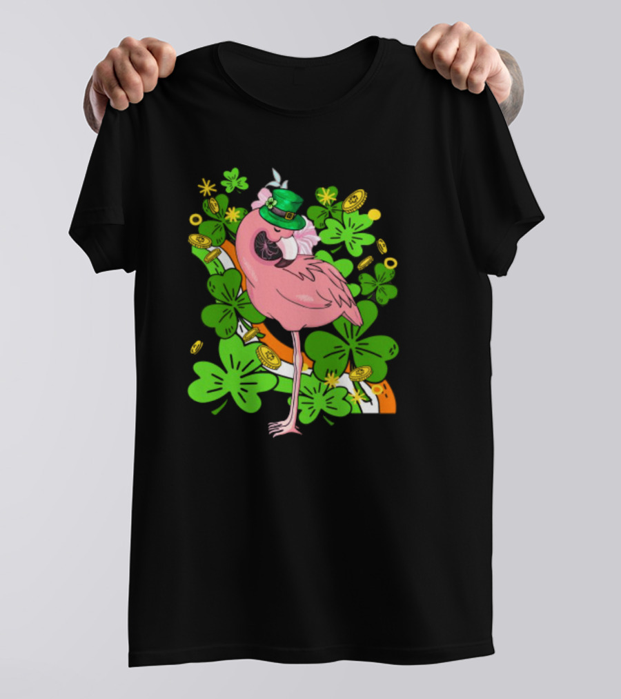 Flamingo St Patricks Day Pink Bird Shamrocks And Leprechaun Hat With Gold Coins T-Shirt