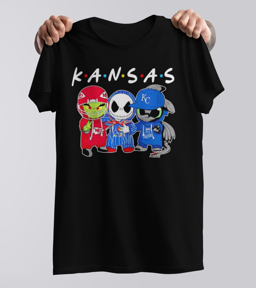 KANSAS Sports Characters Grinch Jack Skellington Toothless Chiefs Royals Jayhawks T-Shirt