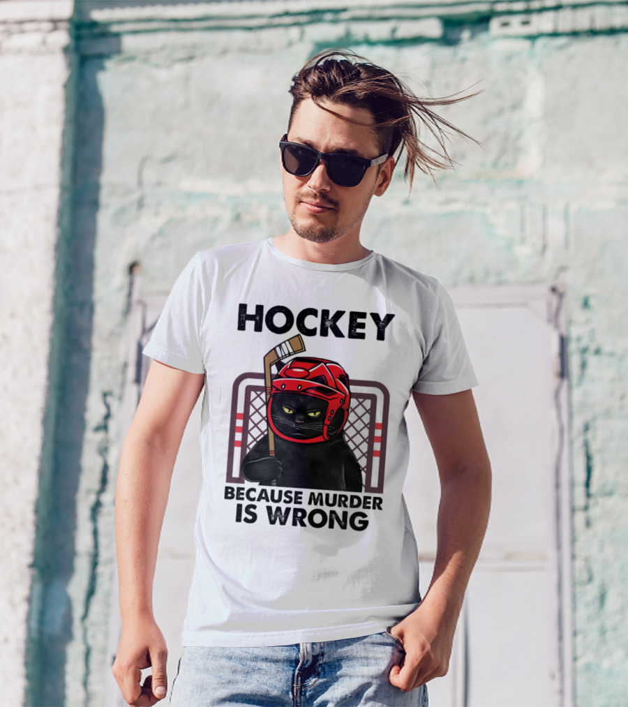 Hockey Cat In Red Helmet Because Murder Is Wrong T-Shirt