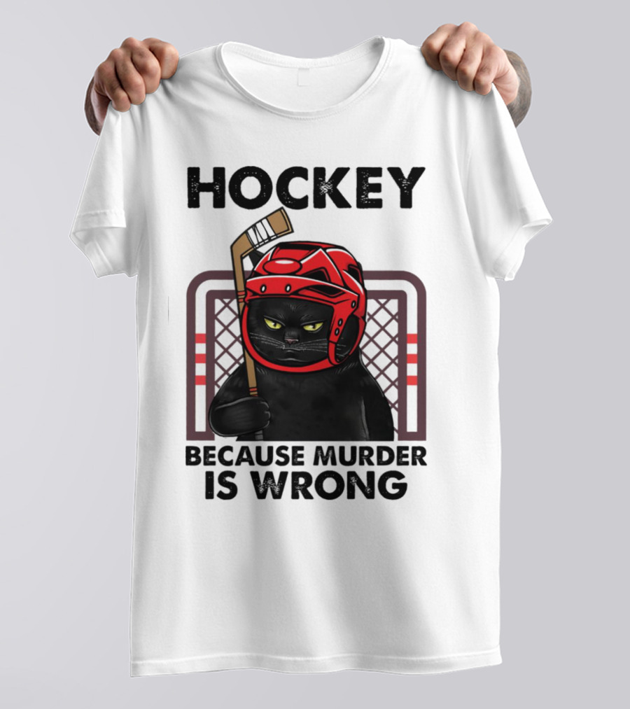 Hockey Cat In Red Helmet Because Murder Is Wrong T-Shirt