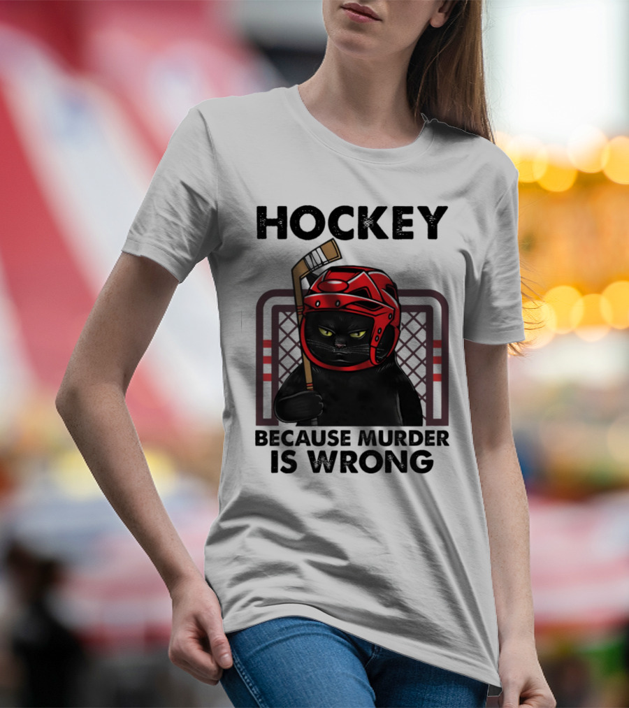 Hockey Cat In Red Helmet Because Murder Is Wrong T-Shirt