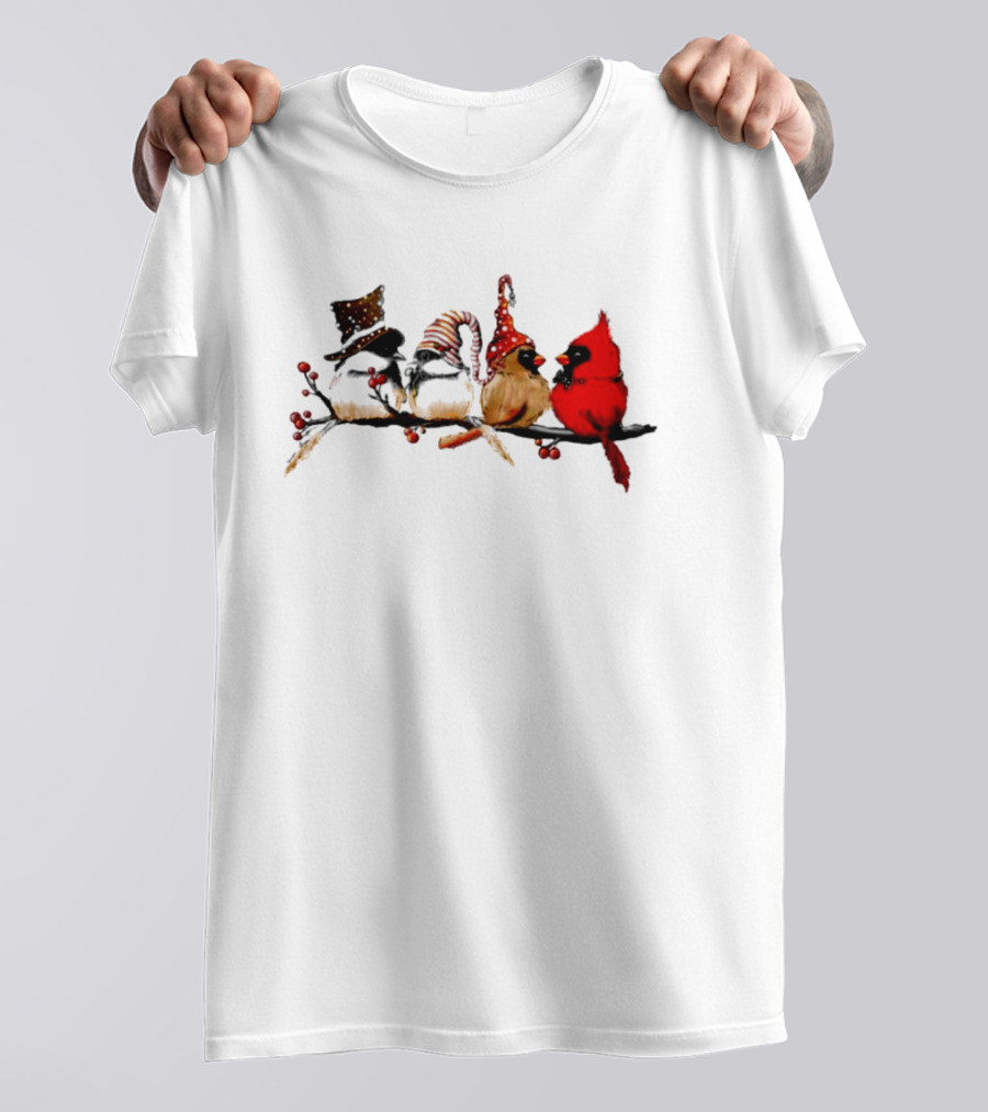 Cardinals Chickadees Christmas Birds On Branch With Festive Hats T-Shirt
