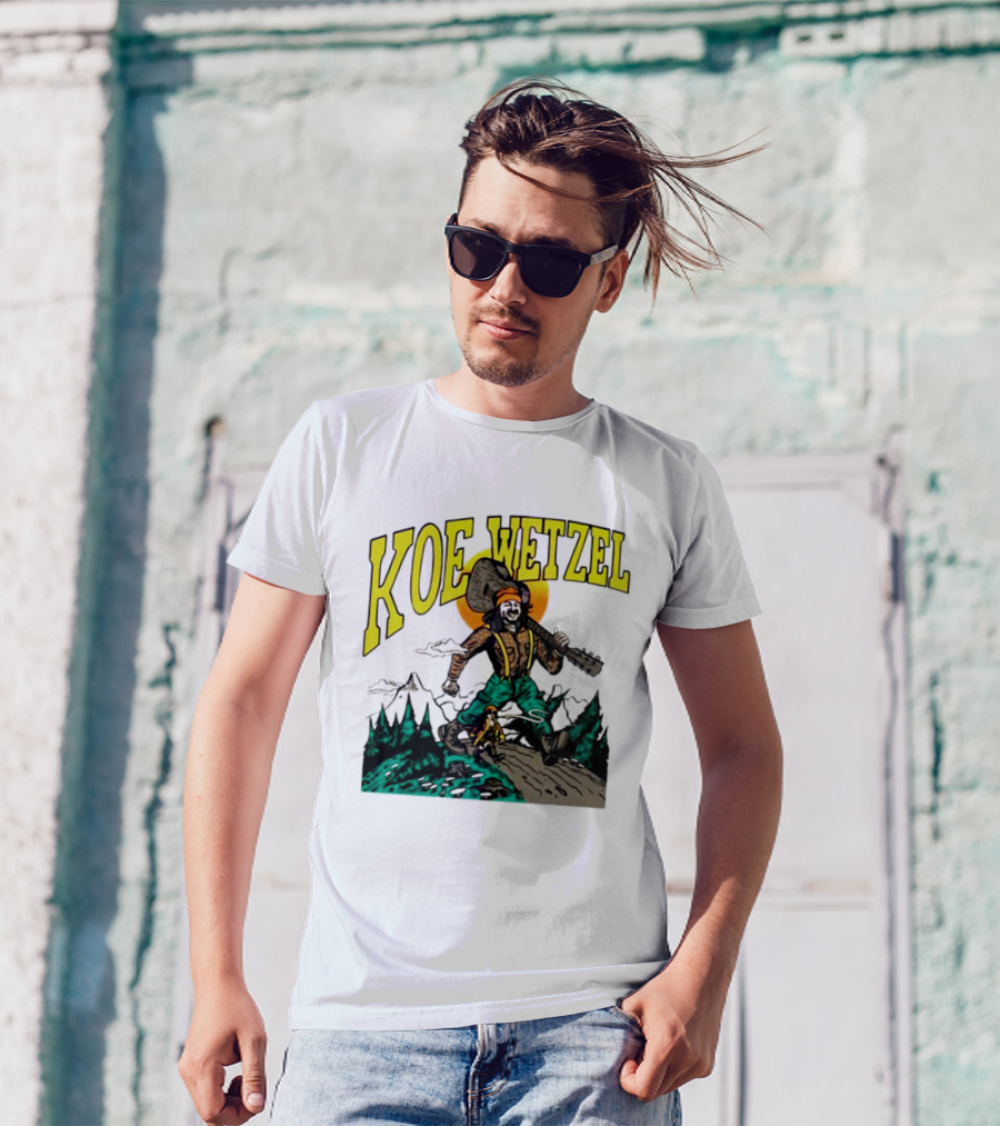Koe Wetzel Koe Bunyan Lumberjack With Guitar And Dog In Mountain Scene T-Shirt