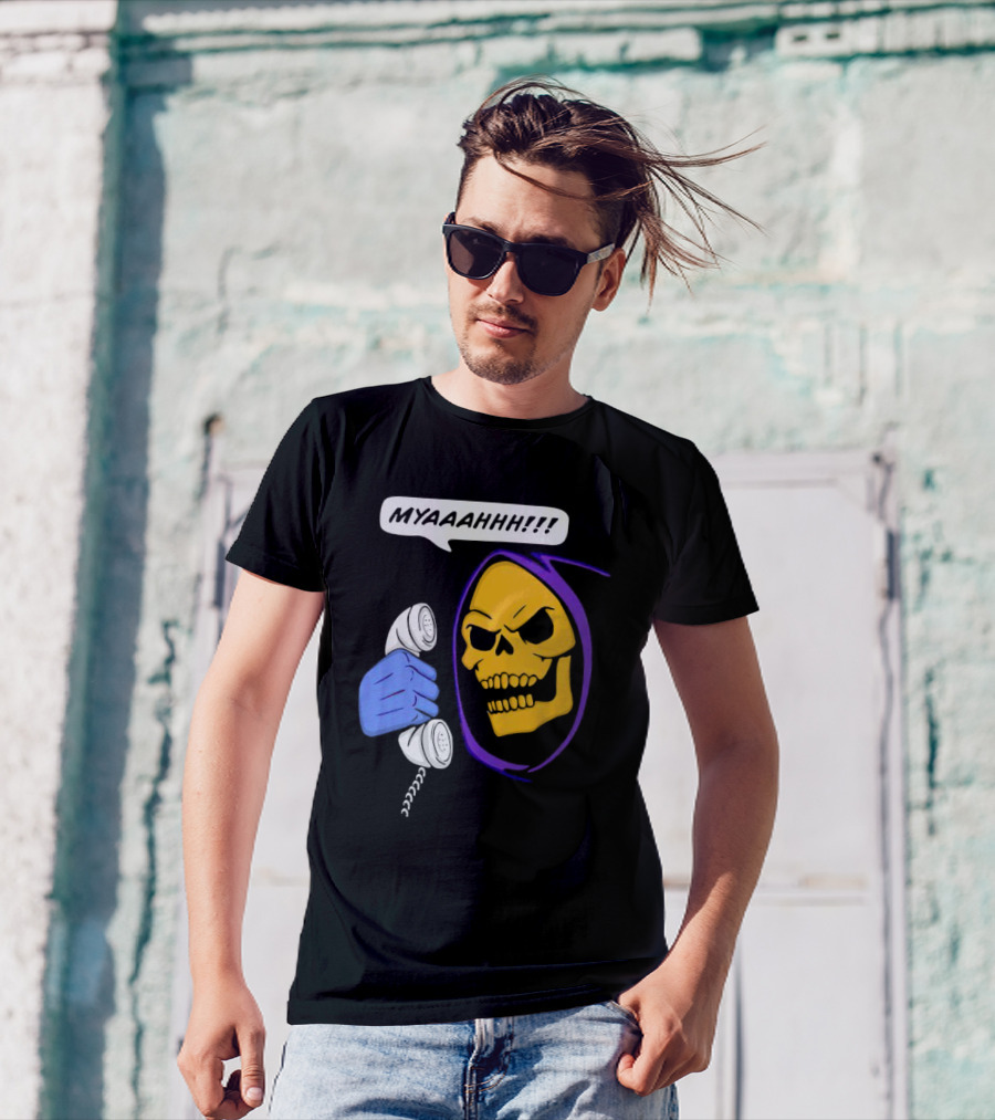 Skeletor Myahhh Phone Call Retro Villain Humor T-Shirt