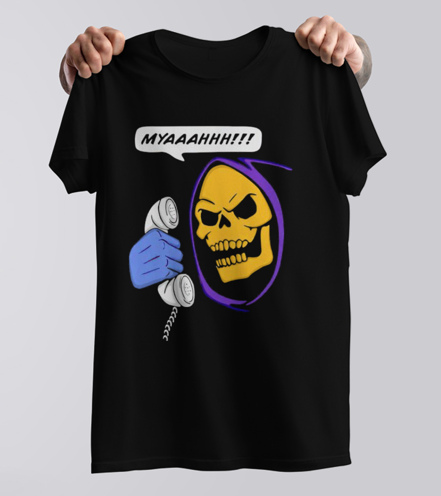Skeletor Myahhh Phone Call Retro Villain Humor T-Shirt