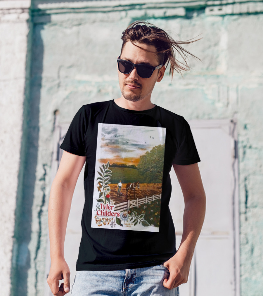 Tyler Childers Nashville TN 4 18 23 Horse Farm Scene With Flowers T-Shirt