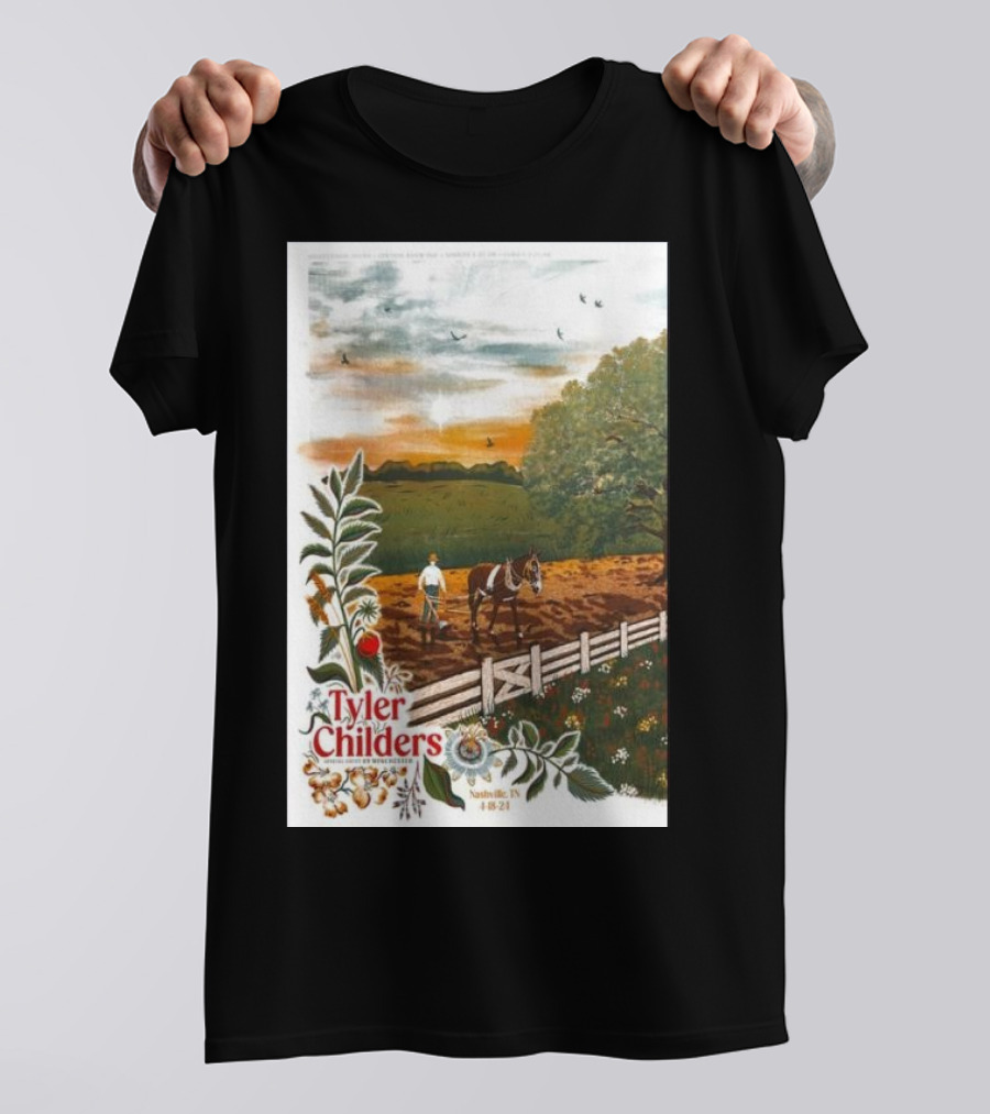 Tyler Childers Nashville TN 4 18 23 Horse Farm Scene With Flowers T-Shirt