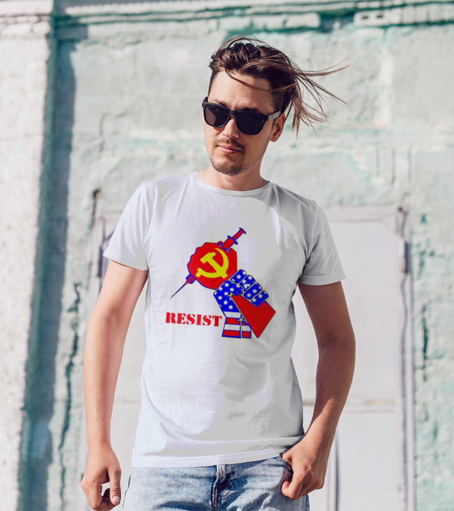 RESIST Communist Hammer And Sickle American Flag Fist Syringe T-Shirt