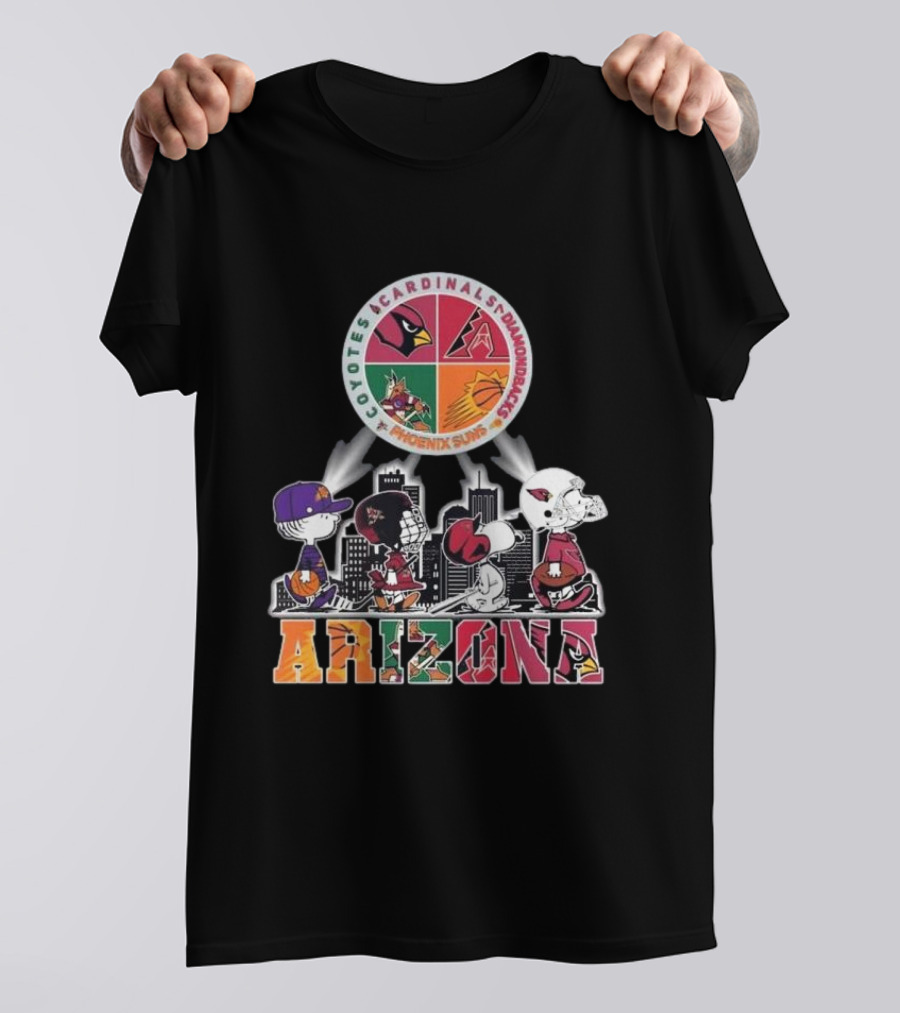 Snoopy Arizona Coyotes Cardinals Diamondbacks Phoenix Suns Peanuts Characters City Skyline T-Shirt