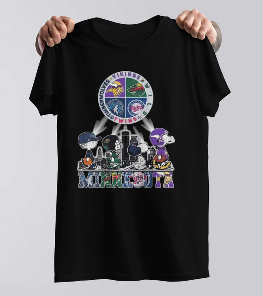 Snoopy Minnesota Vikings Timberwolves Wild Twins Cityscape T-Shirt