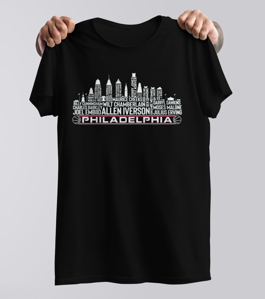 Philadelphia Basketball Legends Skyline Featuring Allen Iverson Joel Embiid Julius Erving T-Shirt