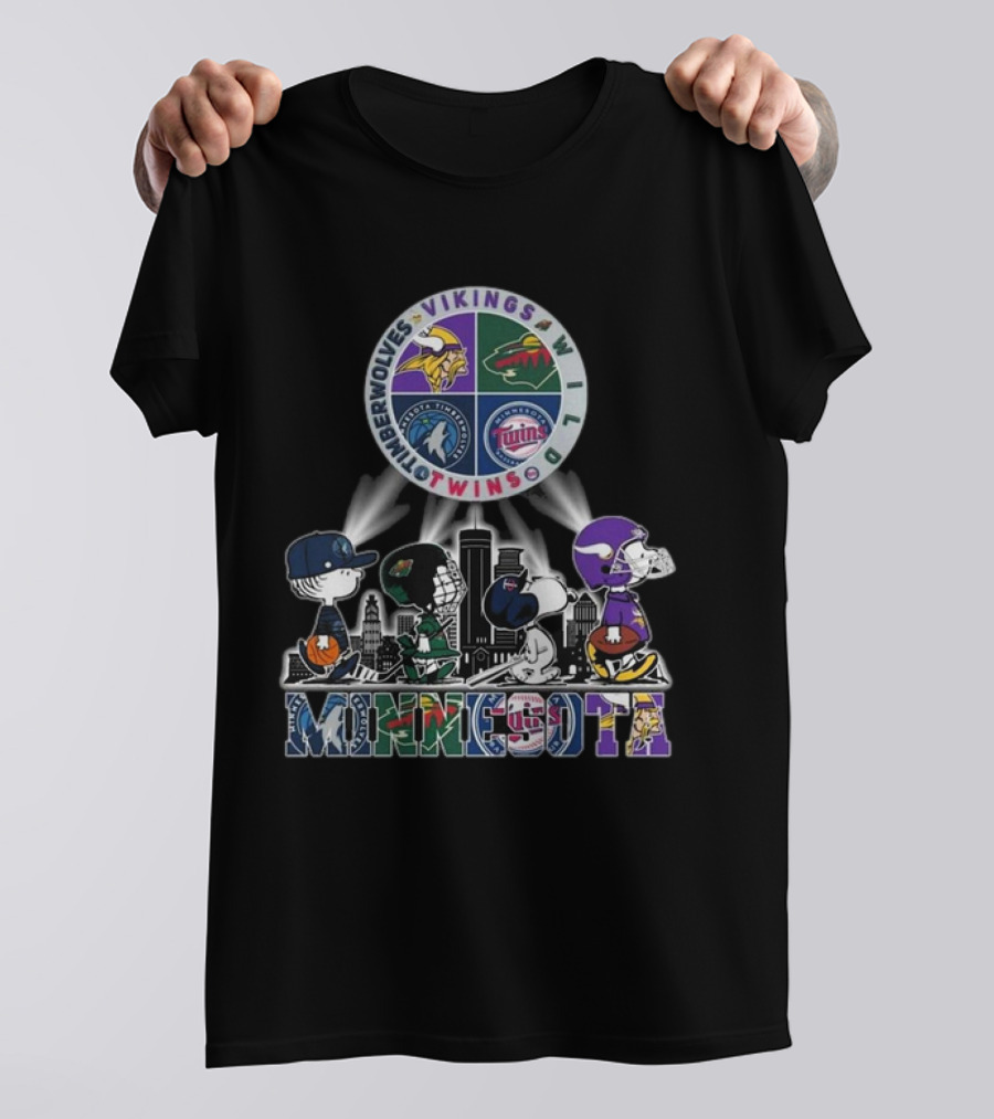 Snoopy Minnesota Twins Vikings Wild Timberwolves Peanuts Sports Logos Skyline T-Shirt