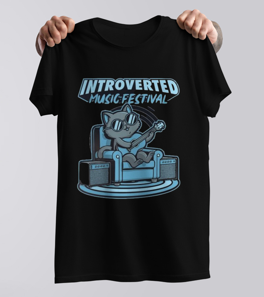 Introverted Music Festival Cat Playing Guitar On Couch With Amplifier T-Shirt