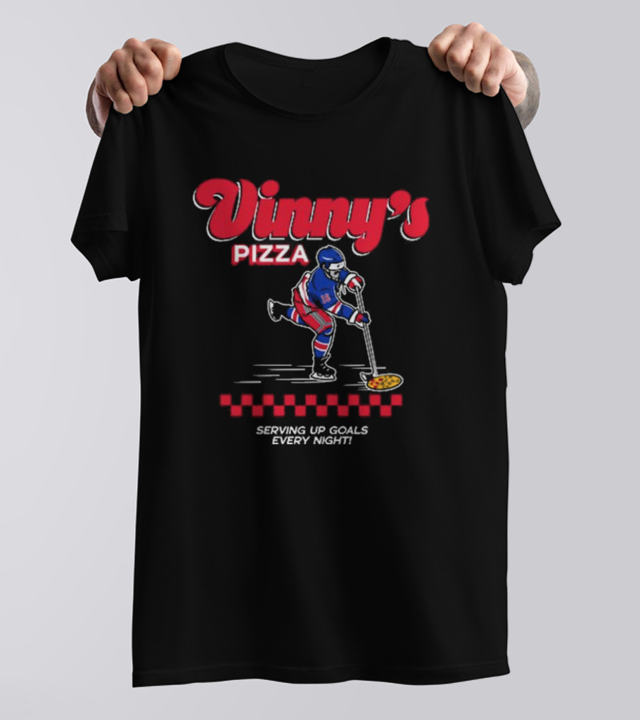 Vinny's Pizza Serving Up Goals Every Night Hockey Player With Pizza Stick T-Shirt