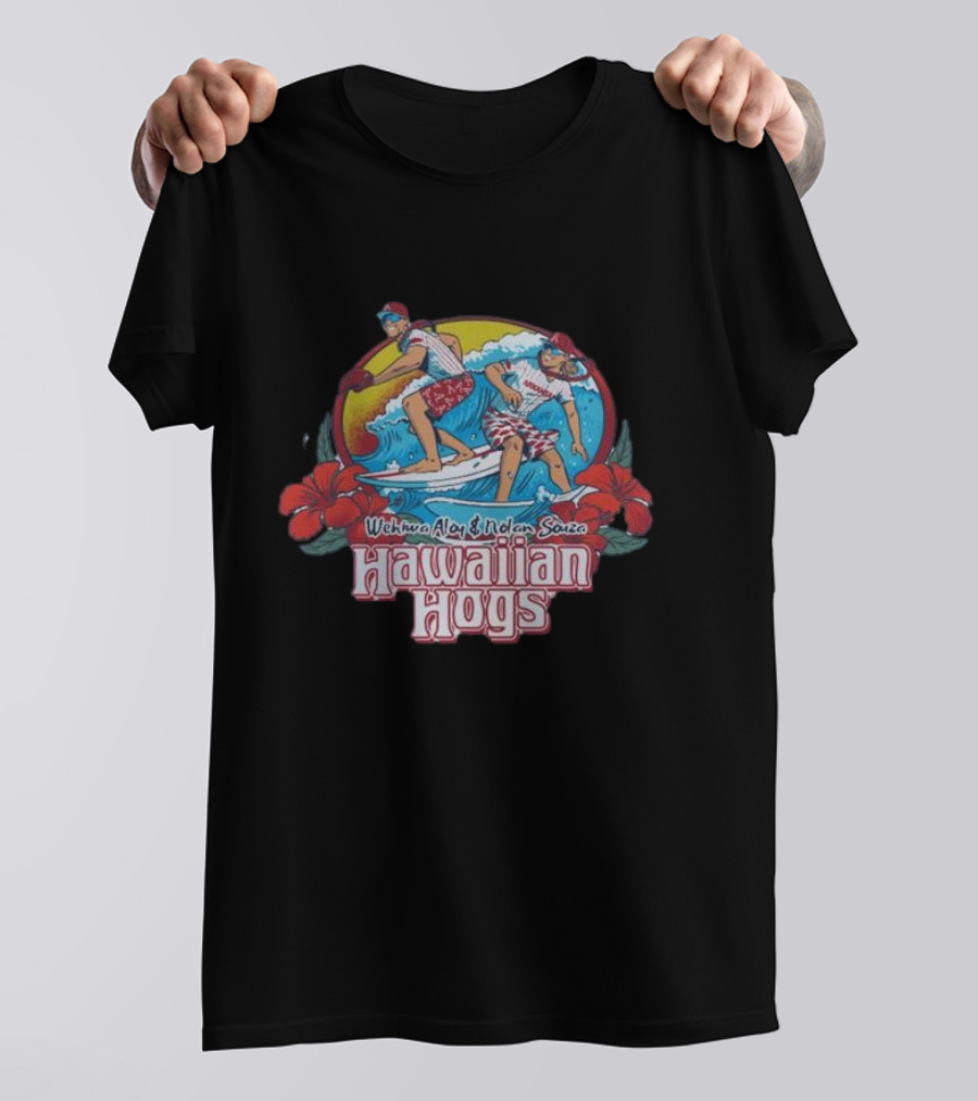 Wehiwa Aloy Nolan Souza Hawaiian Hogs Surfing With Hibiscus Flowers T-Shirt