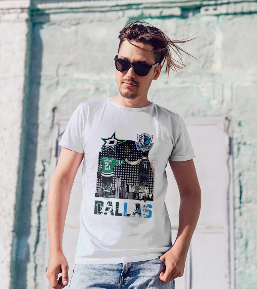 Dallas Stars Mavericks Robertson Doncic Skyline Signatures T-Shirt