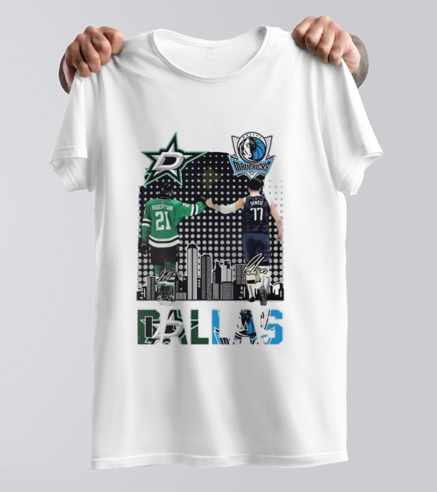 Dallas Stars Mavericks Robertson Doncic Skyline Signatures T-Shirt