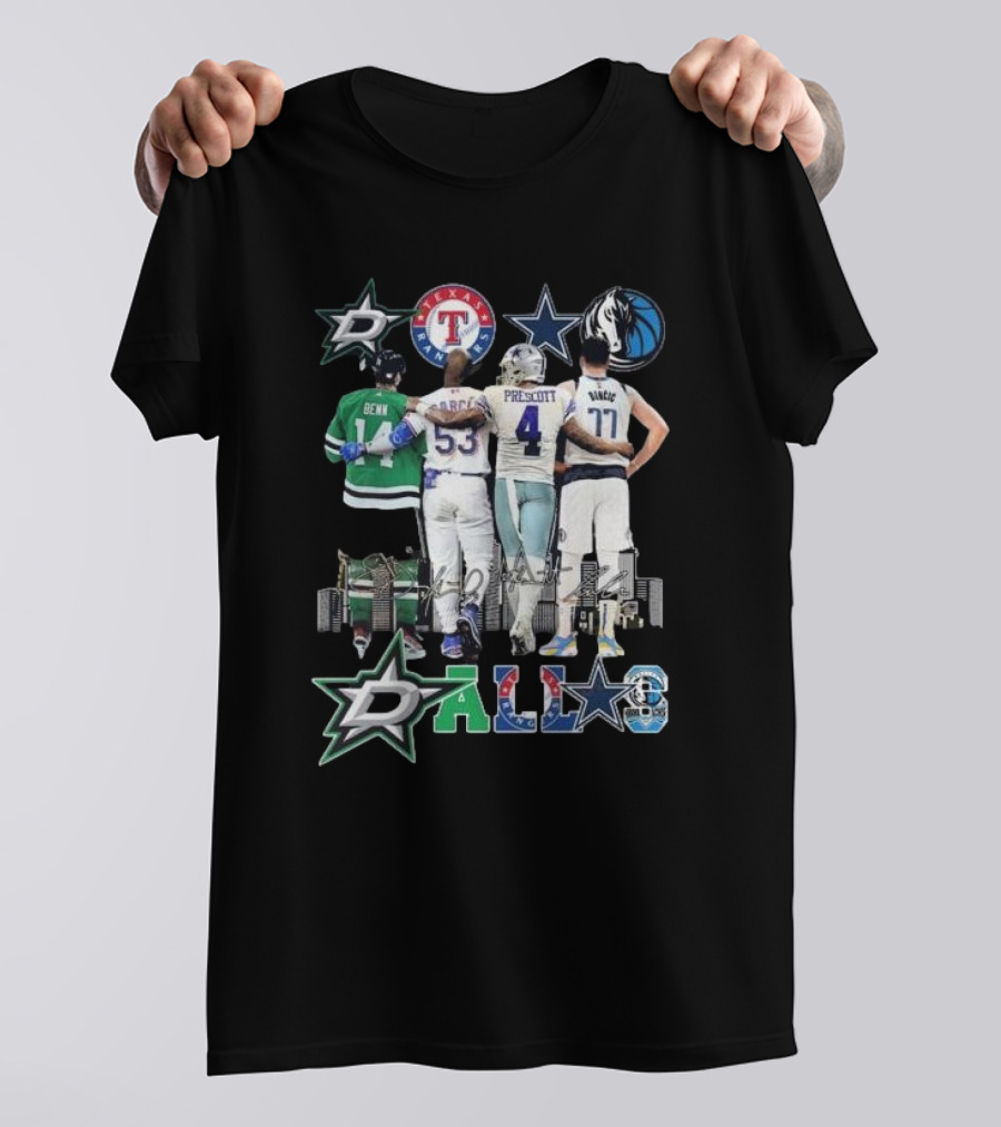 Dallas Stars Texas Rangers Cowboys Mavericks Benn Prescott Ware Doncic Signatures T-Shirt