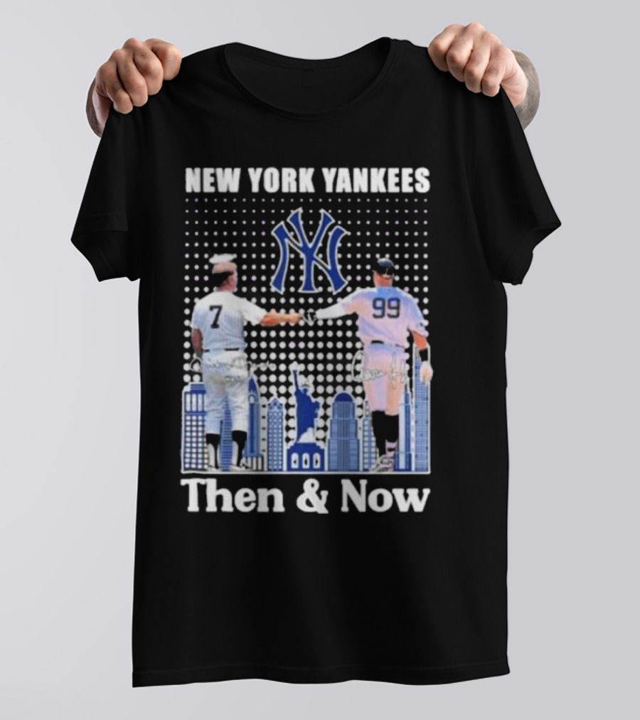 New York Yankees Then And Now Mickey Mantle 7 Aaron Judge 99 Signatures T-Shirt