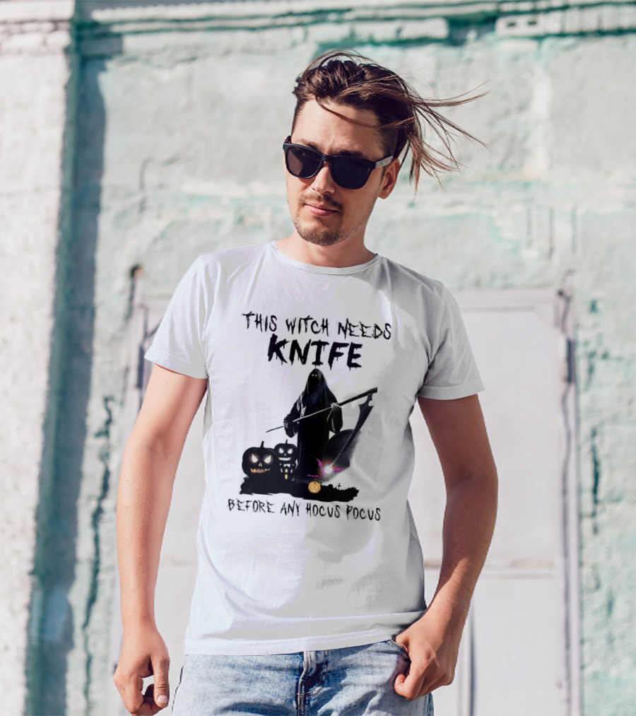 This Witch Needs Knife Before Any Hocus Pocus Halloween Pumpkins Dark Scene T-Shirt