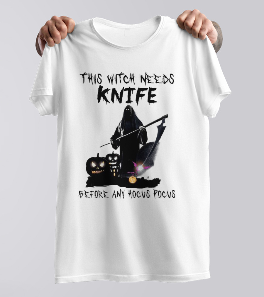 This Witch Needs Knife Before Any Hocus Pocus Halloween Pumpkins Dark Scene T-Shirt
