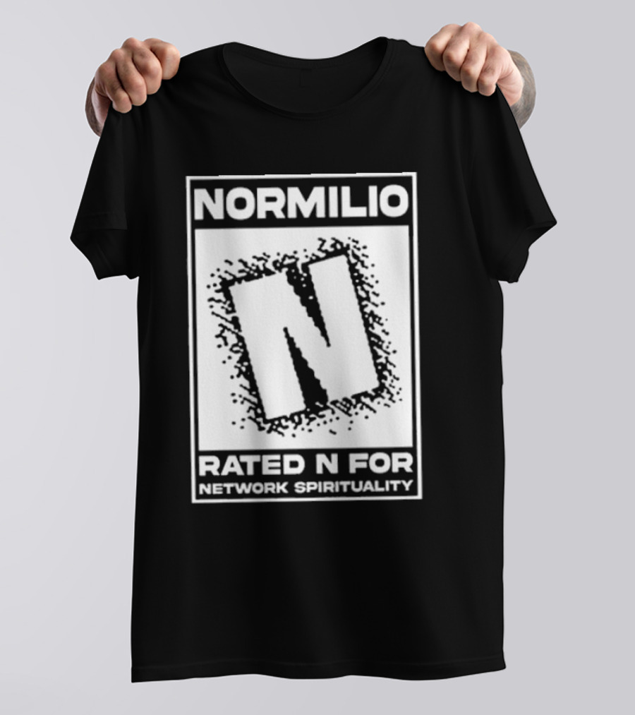 Normilio Rated N For Network Spirituality Bold Text Box With Speckled Explosion Background T-Shirt