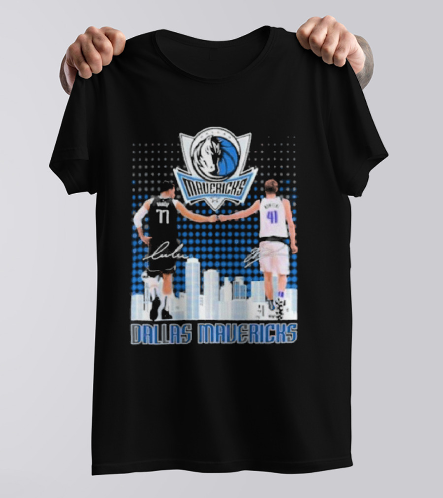 Dallas Mavericks Luka Doncic Dirk Nowitzki Handshake Signatures Skyline T-Shirt