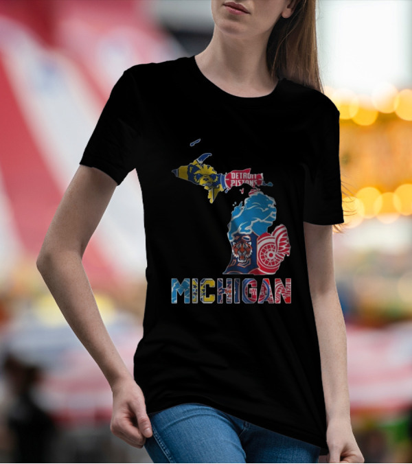 Michigan Lions Wolverines Tigers Pistons Red Wings Map T-Shirt