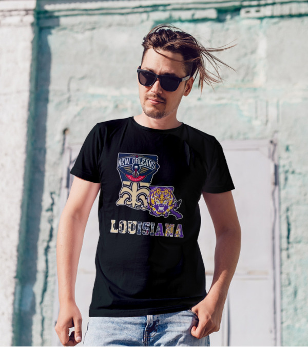 New Orleans Pelicans Tigers Saints Louisiana Map T-Shirt