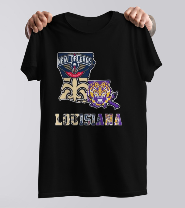 New Orleans Pelicans Tigers Saints Louisiana Map T-Shirt