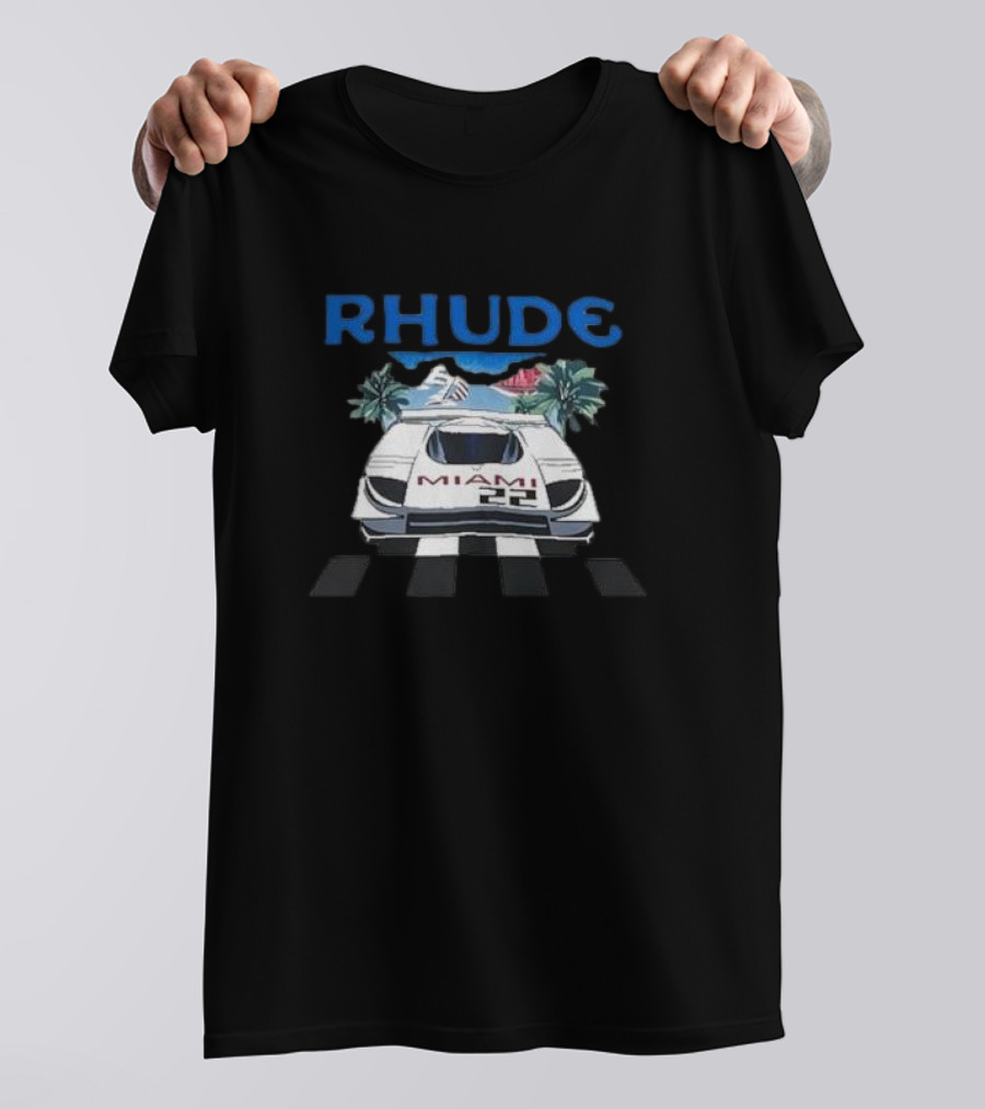 RHUDE Miami 22 Car Palm Trees Checkered Flags T-Shirt