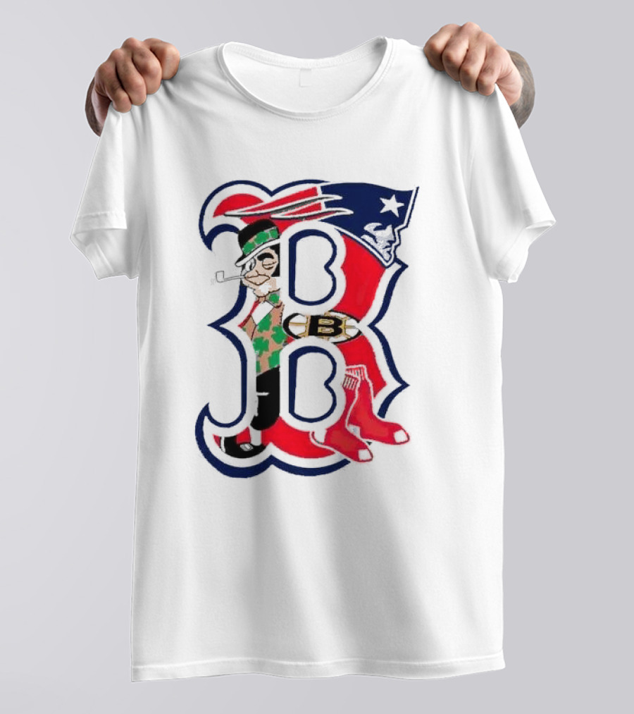 Boston Red Sox B Mashup With Patriots Bruins Celtics Symbols T-Shirt