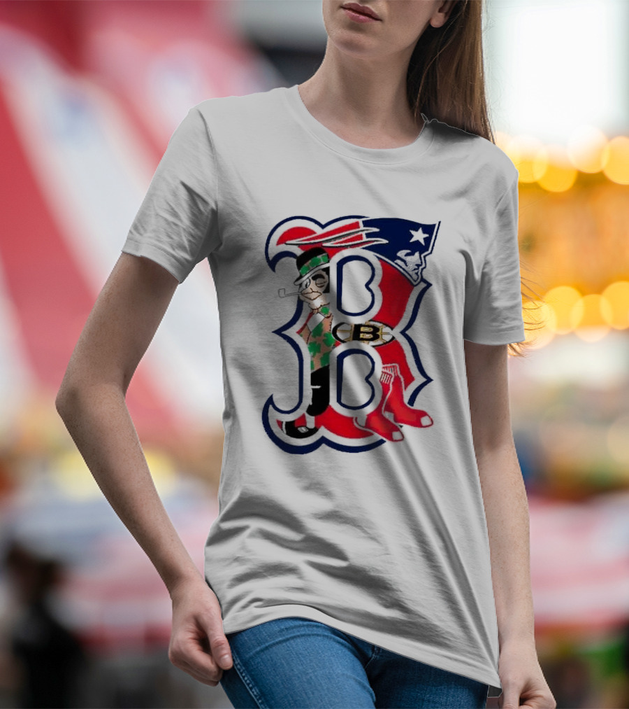 Boston Red Sox B Mashup With Patriots Bruins Celtics Symbols T-Shirt