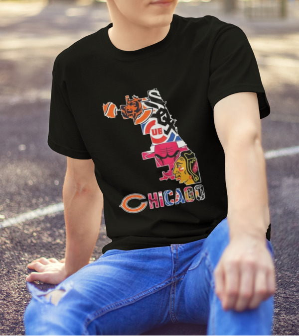 Chicago Cubs White Sox Bulls Bears Blackhawks Maps T-Shirt