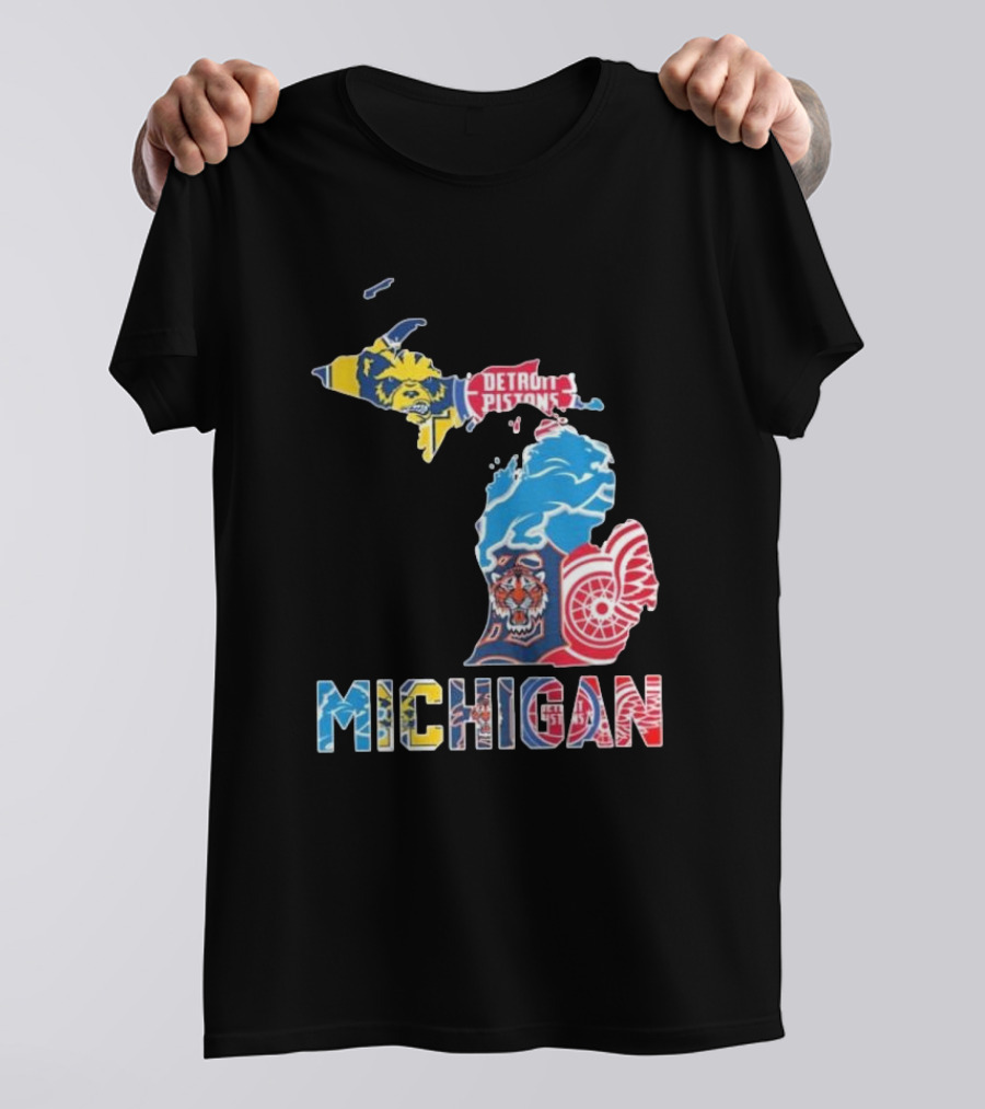 Michigan Wolverines Detroit Tigers Lions Pistons Red Wings Map T-Shirt